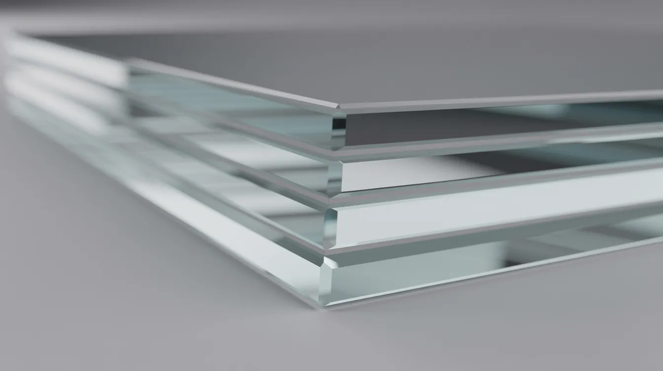 A thick, transparent security panel made of multiple glass layers. The angle highlights its reinforced structure. 