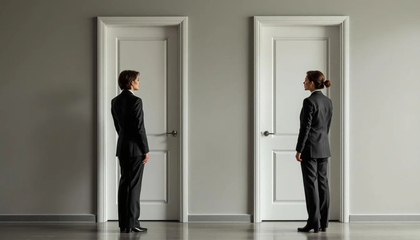 A small business owner stands thoughtfully in front of two doors, symbolizing different financial pathways, as they consider taking out a business loan to support their company's growth. This moment reflects the crucial decision-making process that small business owners face when exploring funding options like those offered by expansion capital group for working capital solutions.