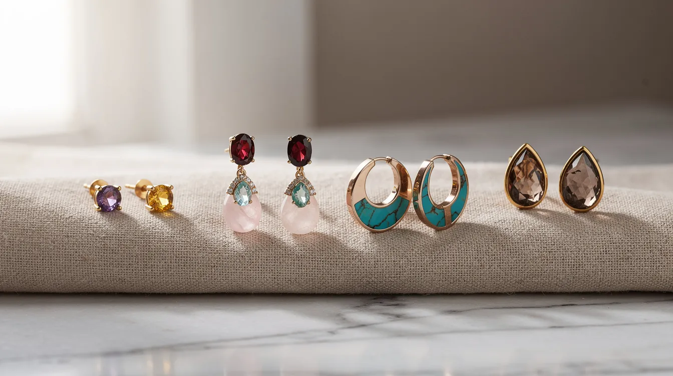 This image showcases a diverse collection of handcrafted earrings featuring semi-precious stones, including vibrant turquoise, deep blue lapis lazuli, and rich purple amethyst. The earrings come in various styles such as stud earrings and hoops, all set in sterling silver, perfect for any occasion.