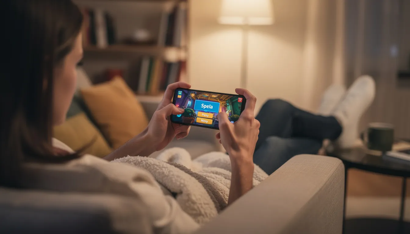 En person sitter bekvämt och håller en smartphone medan hen spelar mobilspel, vilket ger en känsla av avkoppling och nöje. I bakgrunden finns en lugn miljö som passar perfekt för att njuta av spelupplevelsen hos hyper casino.