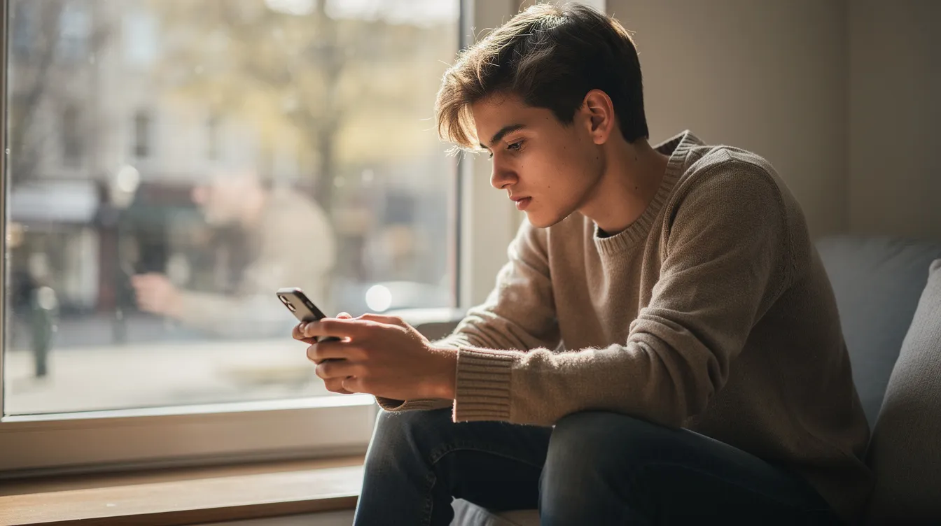 A young person sits by a window, deeply engaged with their smartphone, reflecting on the complexities of modern dating and how Gen Z approaches relationships differently than previous generations. The scene captures the essence of exploring meaningful connections and the role of technology in fostering relationship satisfaction and compatibility.
