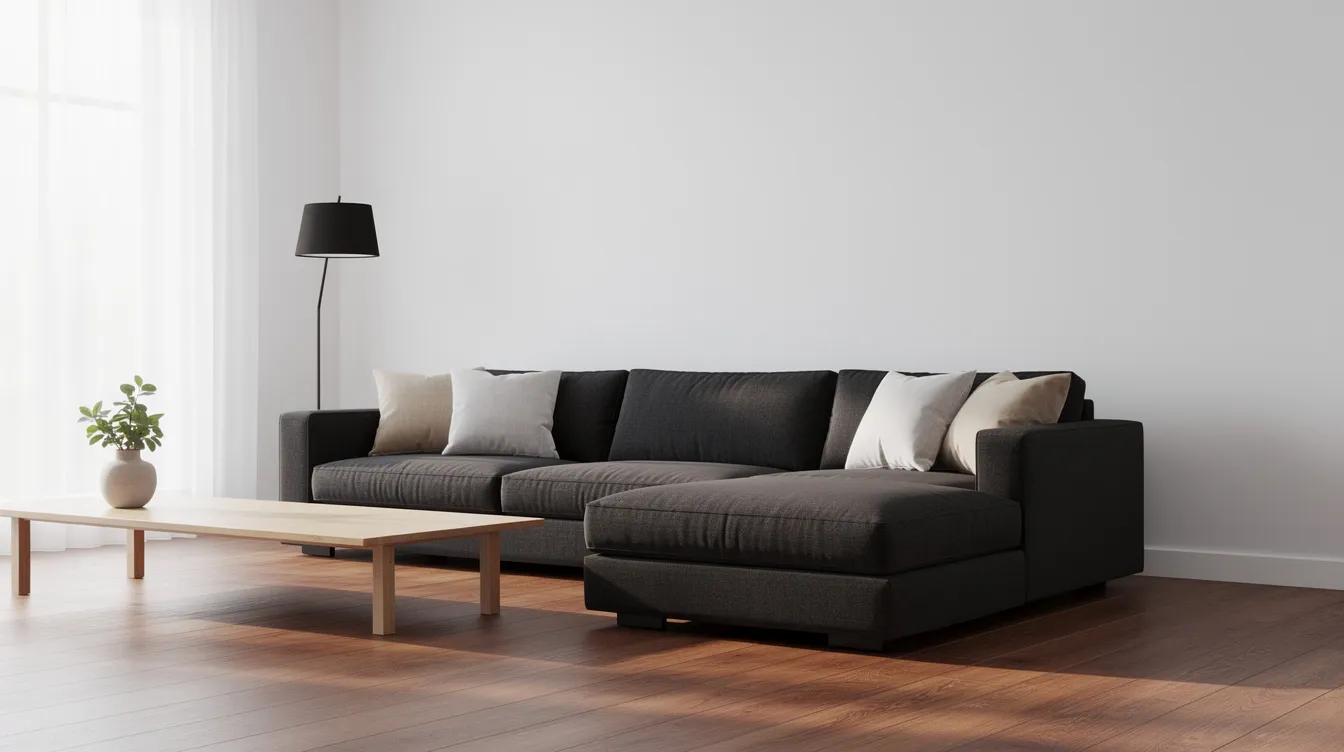 This image features a minimalist living room showcasing a dark grey modular chaise sofa with ample seating, set against a wooden floor. The sofa's clean lines and contemporary design create a relaxed feel, making it a perfect match for various room layouts and styles.