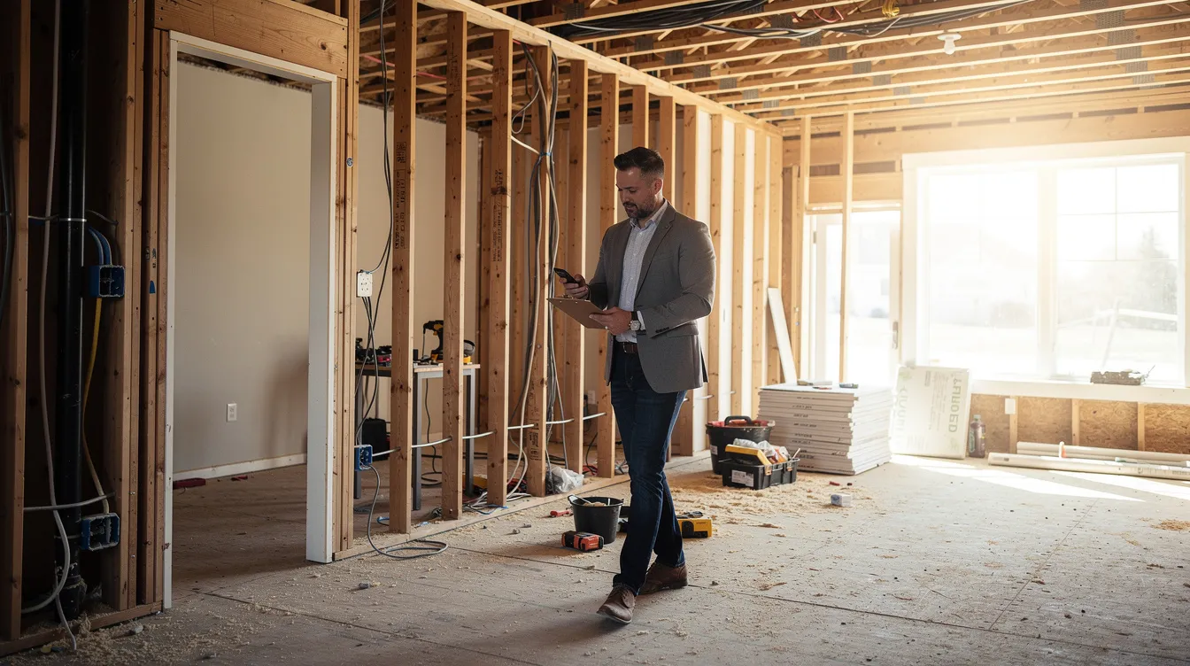 A real estate investor is walking through a property that is currently undergoing renovations, featuring exposed framing and construction materials visible throughout the space. This setting highlights the potential for home improvements, which can be financed through options like a home equity line of credit or home equity loan, allowing homeowners to access funds for renovations while building equity.