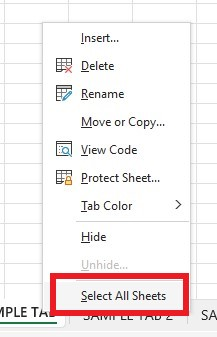 Choose the Select all sheets option.