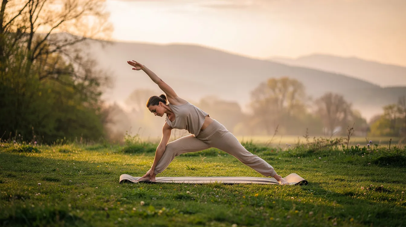 A person is practicing yoga outdoors in a serene environment, surrounded by nature, which promotes mental clarity and overall vitality. This peaceful setting supports healthy lifestyle habits that can enhance cellular energy production and improve skin health.