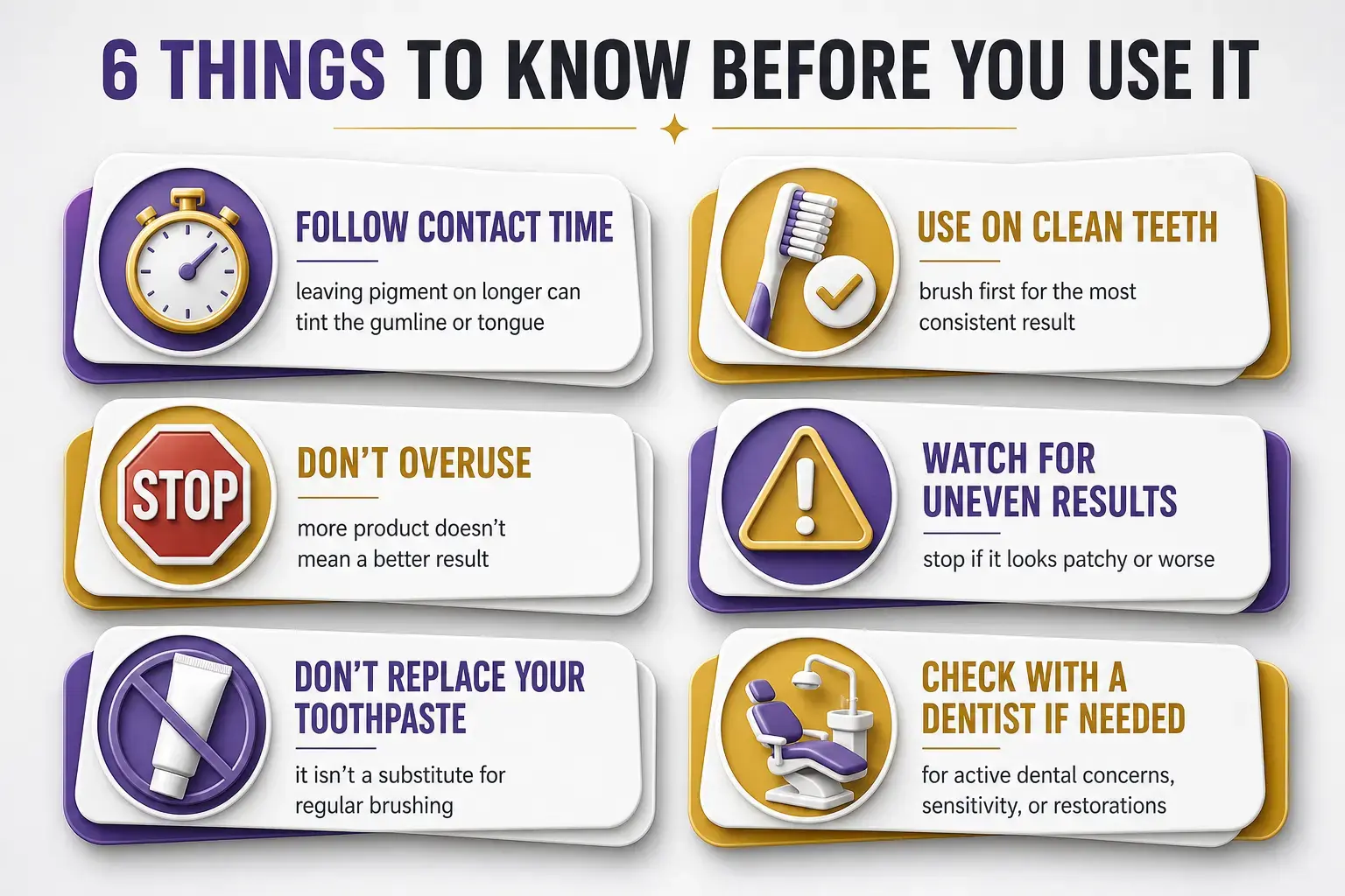Checklist infographic of six safety tips for purple whitening products: follow contact time, use on clean teeth, don't overuse, watch for uneven results, don't replace your toothpaste, and check with a dentist if needed.