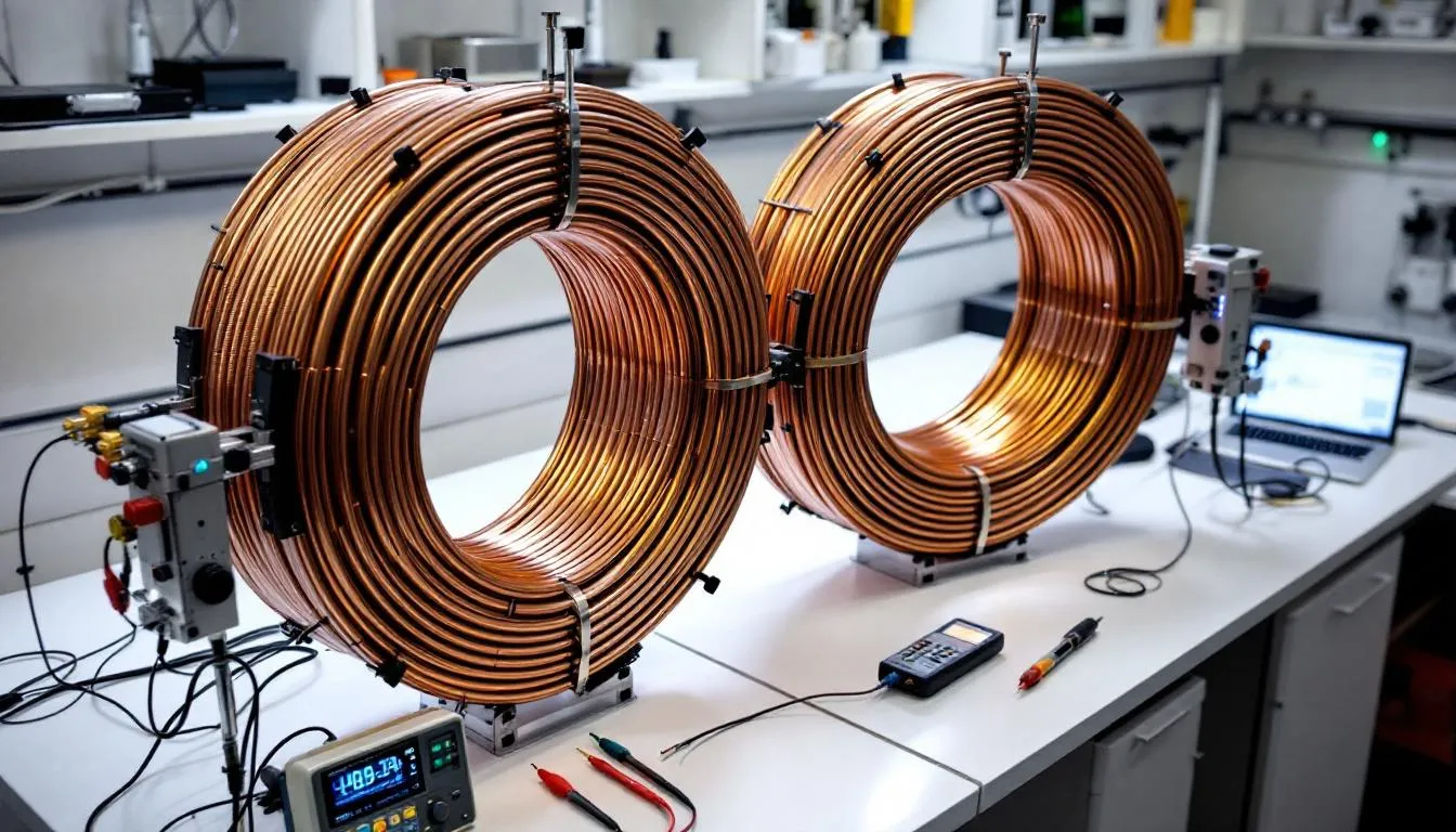 The image depicts a calibration setup featuring two helmholtz coils, which are conducting circular coils designed to create a nearly uniform magnetic field. Precision measurement equipment is arranged nearby, indicating a focus on accurately measuring the generated magnetic field and its characteristics.