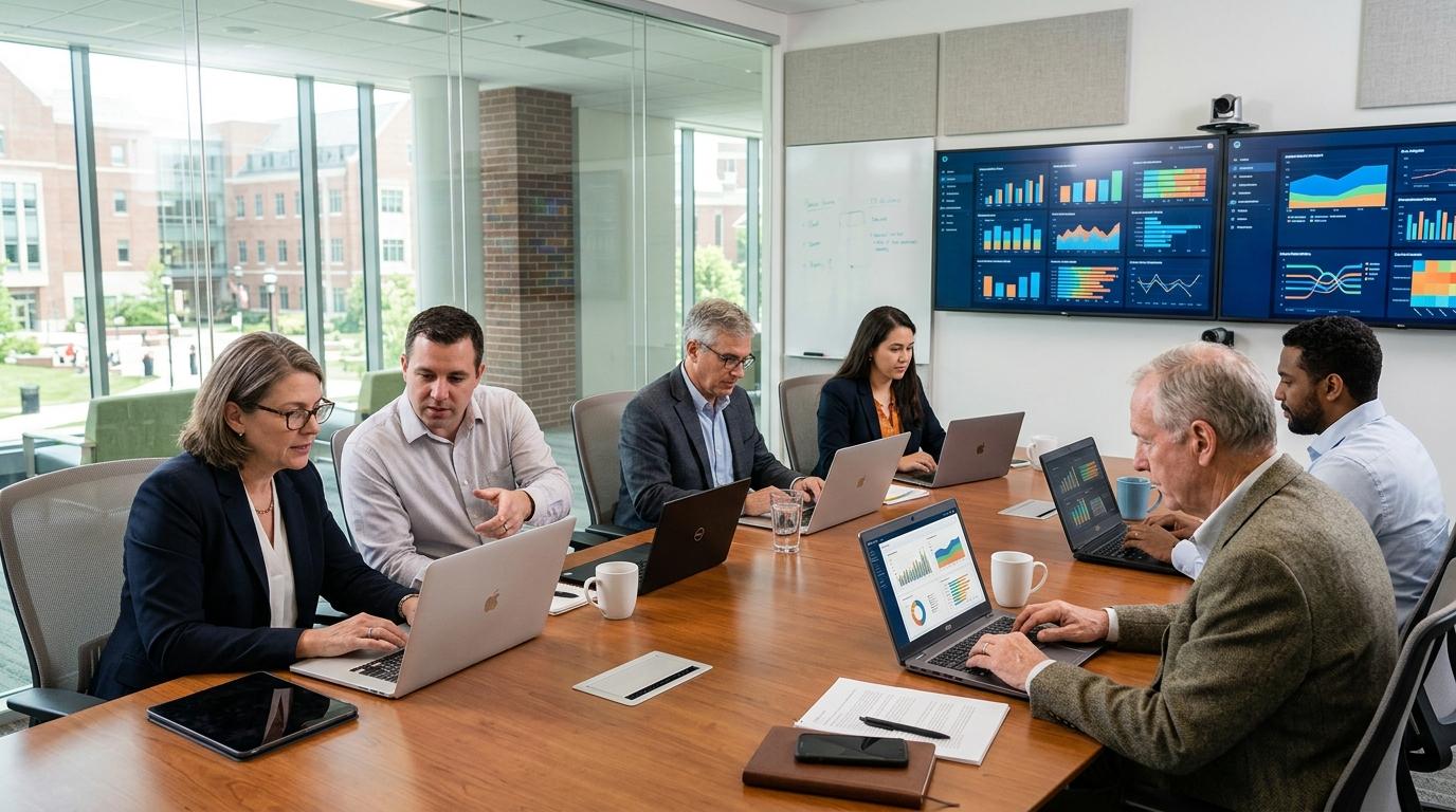 University faculty and IT administrators evaluating digital assessment platforms using laptops, analytics dashboards, and cloud technology in a modern meeting room.
