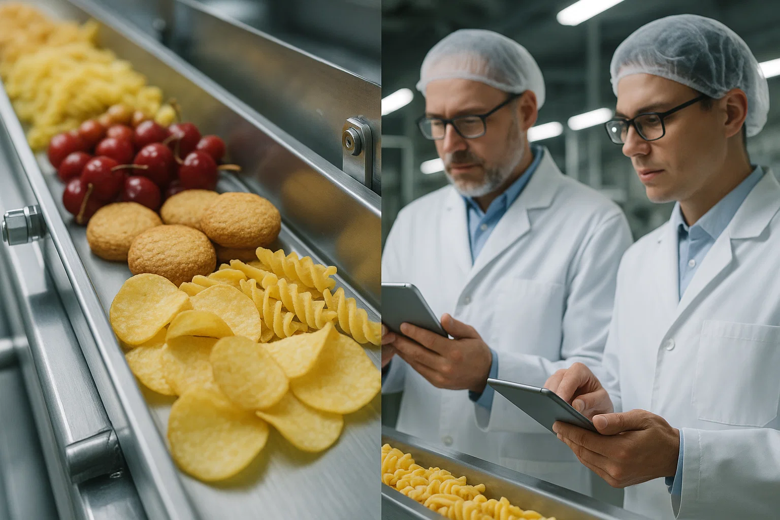 Engineers assessing food products on a conveyor to inform machine design decisions.
