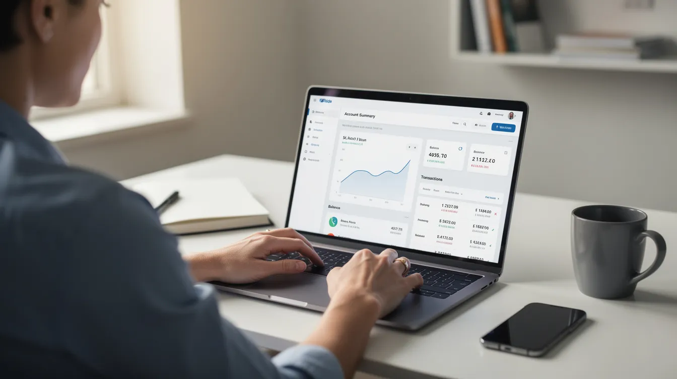 An individual is seated at a desk, intently checking banking details on a laptop, possibly looking for the right SWIFT code or branch code for international money transfers with Dhanlaxmi Bank. The scene suggests a focus on ensuring accurate information for sending money internationally.
