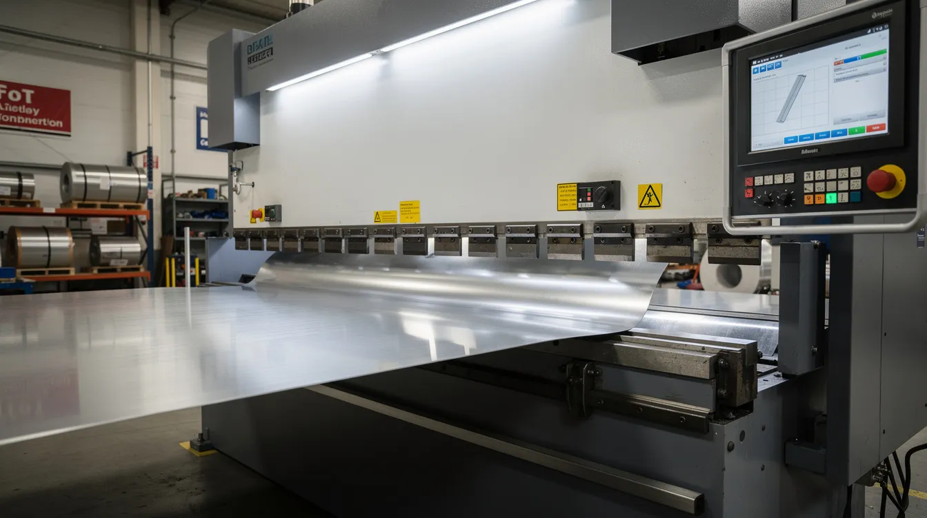 The image shows a CNC press brake machine in an industrial workshop, actively bending a large aluminum sheet, which is part of the sheet metal fabrication process. This machine is essential for creating custom sheet metal parts with precise forming capabilities, ensuring consistent quality for various manufacturing projects.