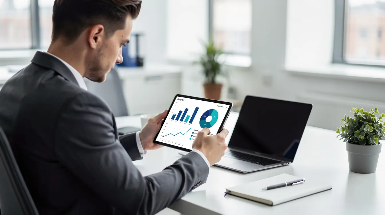 A professional is seated at a clean, modern desk, intently reviewing analytics data on a tablet device, which reflects their focus on measuring AI impact and business outcomes. This scene highlights the importance of leveraging AI tools for strategic business initiatives and optimizing operational efficiency.