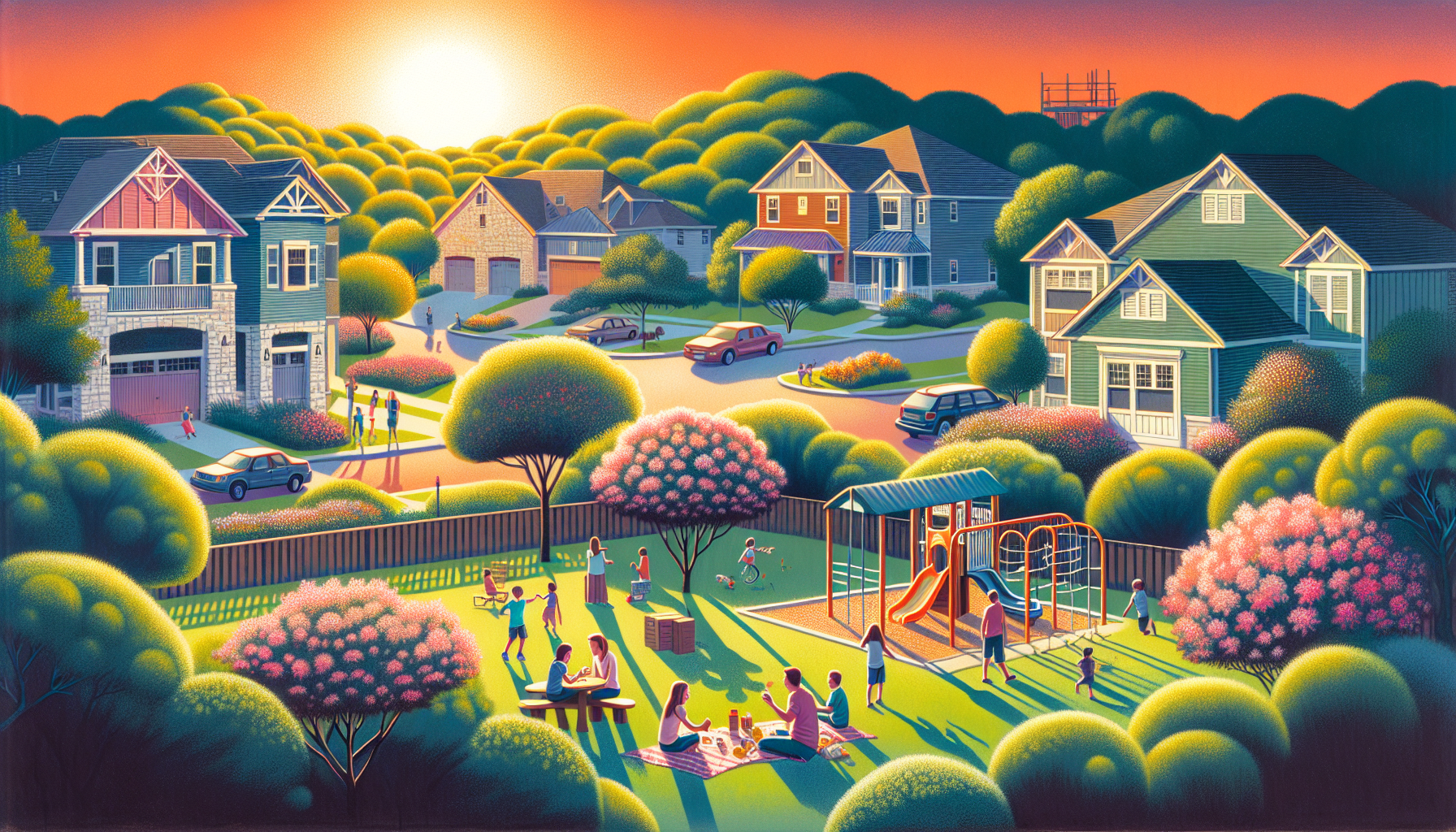 Illustration of suburban neighborhood in North Austin with family-friendly amenities