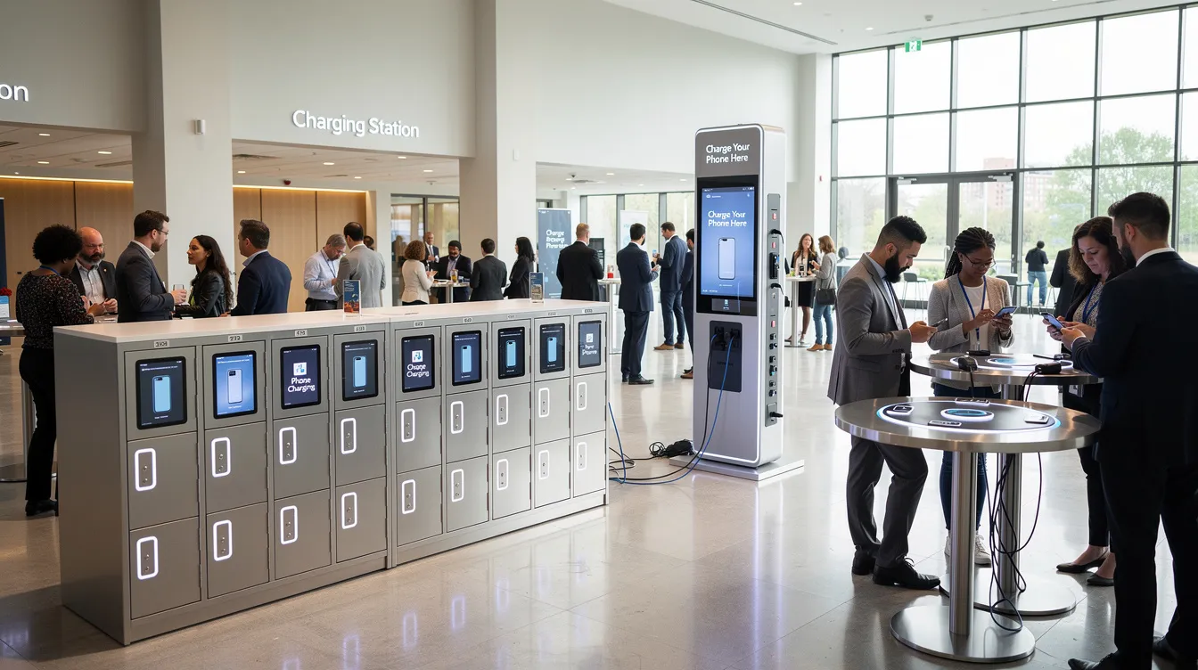 The image showcases a variety of custom branded charging stations, including lockers, tables, and kiosks, strategically placed in a modern event venue. These charging solutions cater to event attendees, providing secure charging for multiple mobile devices and enhancing brand visibility while alleviating low battery anxiety during the event duration.