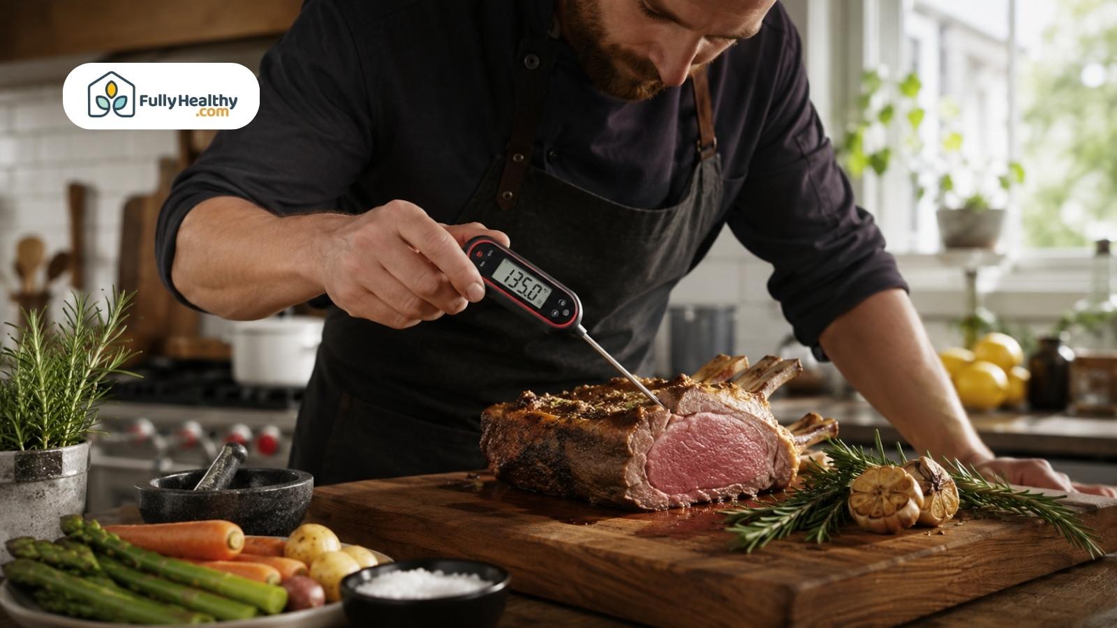 Man checking lamb roast temperature with digital thermometer in bright kitchen
