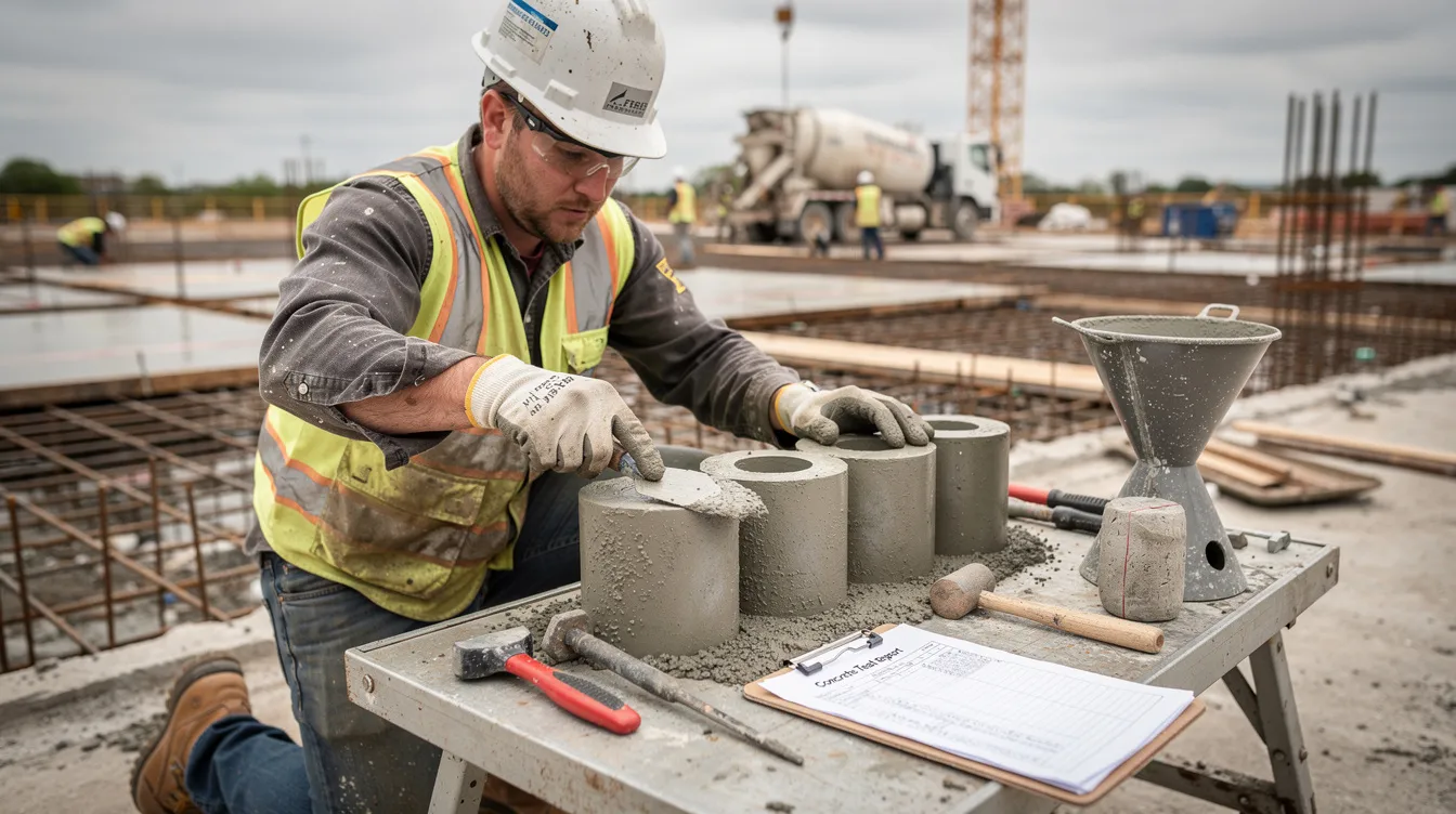 Field technician casting concrete test cylinders on a commercial construction site.
