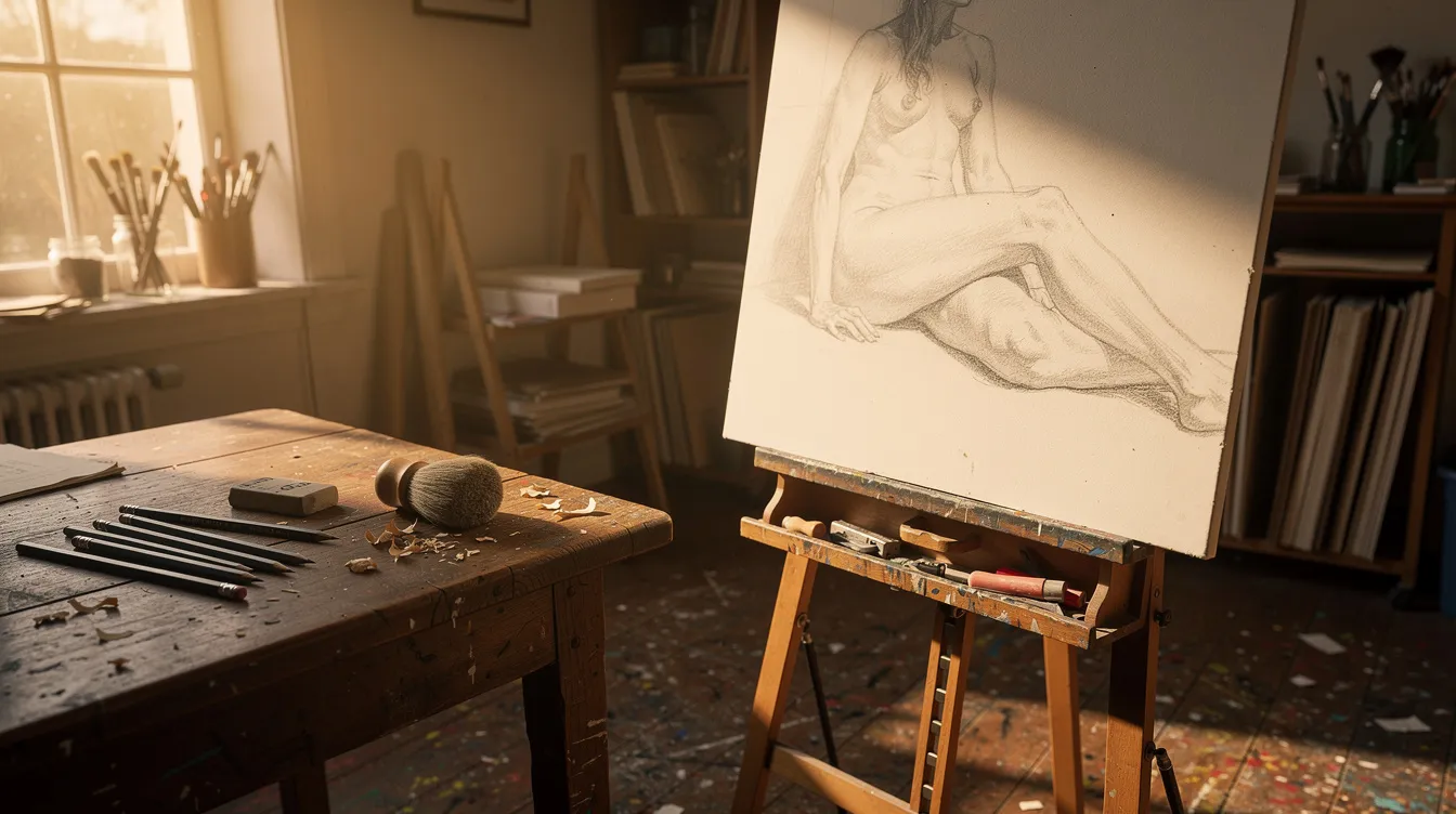 Techniques for Creating Erotic Illustrations: From First Sketch to Finished Art 2 - Consent Culture The image depicts a warmly lit artist's studio featuring a figure drawing easel, scattered pencils, and a partially visible sketch of a reclining human figure, showcasing the beauty and sensuality of the human form. This intimate space highlights the artist's passion for creating erotic art, capturing the essence of desire and the techniques involved in drawing the human body.
