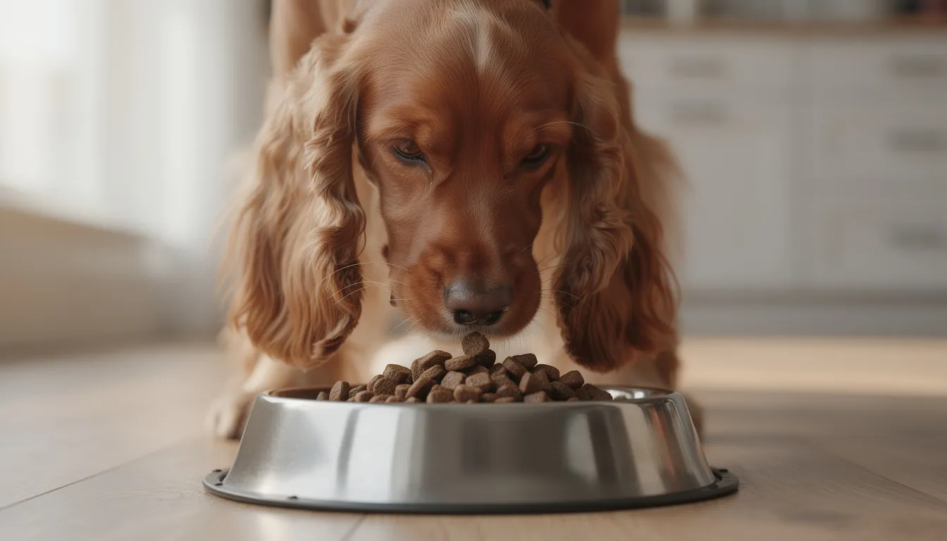 An English Cocker Spaniel is happily eating high-quality kibble from a dog bowl, showcasing its friendly personality and medium-length coat. Its expressive ears and bright eyes reflect the breed's playful nature as it enjoys its meal.