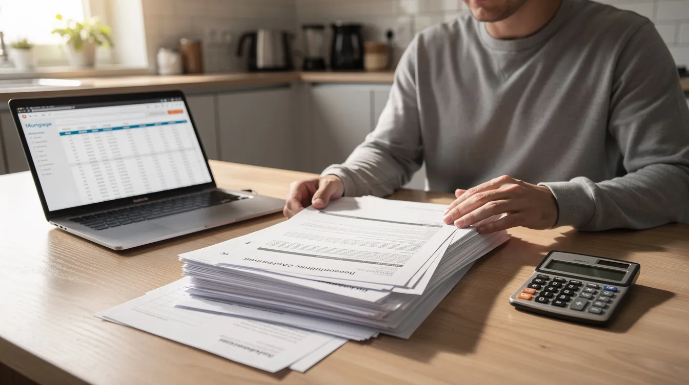 A person is seated at a kitchen table, carefully reviewing mortgage documents while using a calculator and a laptop. This scene highlights the importance of understanding mortgage payments and exploring options to avoid foreclosure.