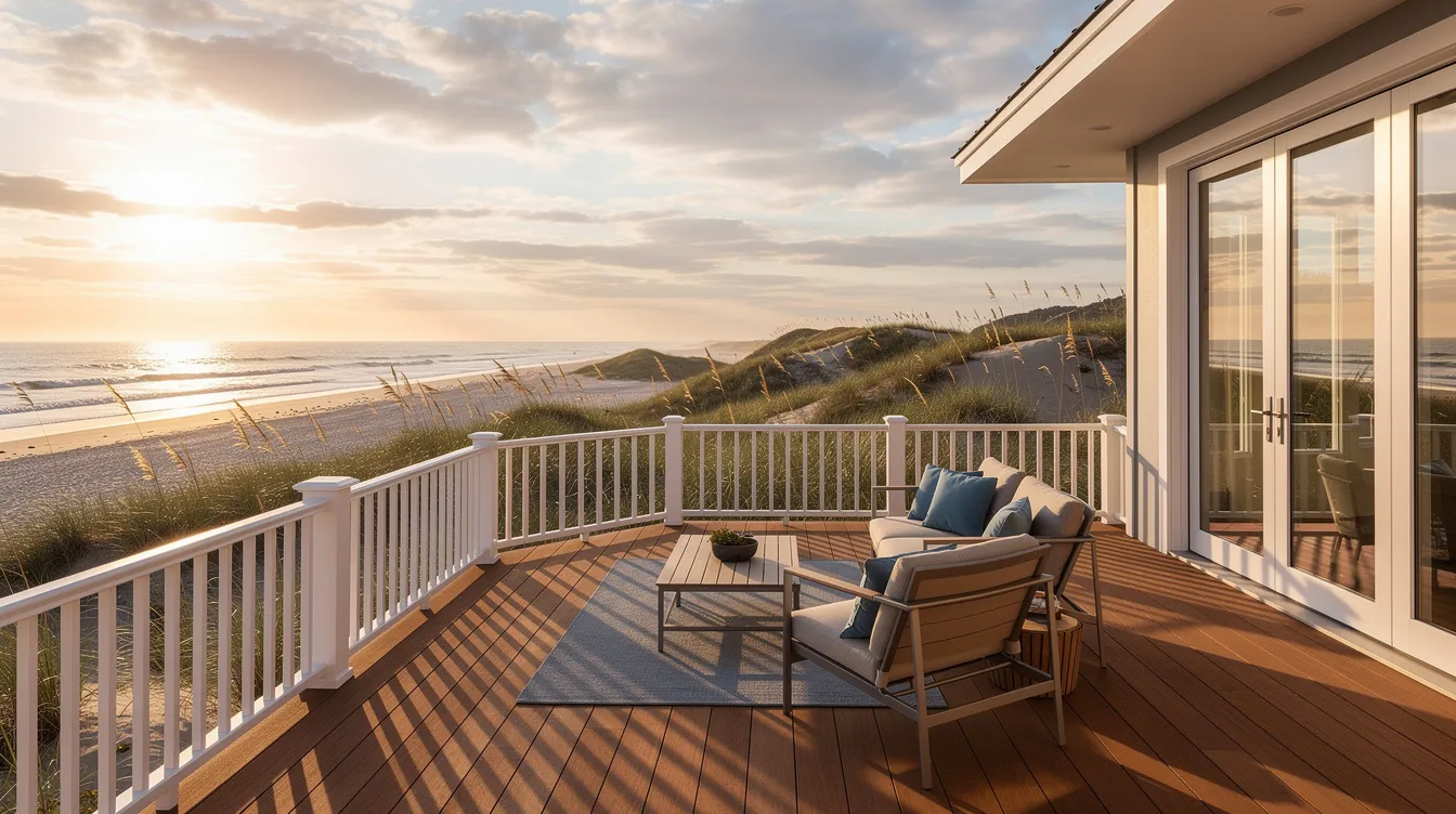 The image features a spacious beach house deck with comfortable seating, overlooking sand dunes and the gentle waves of the ocean, making it an ideal location for a perfect family getaway in Beach Haven on Long Beach Island. This inviting space is perfect for enjoying vacation moments while taking in the beautiful coastal scenery.
