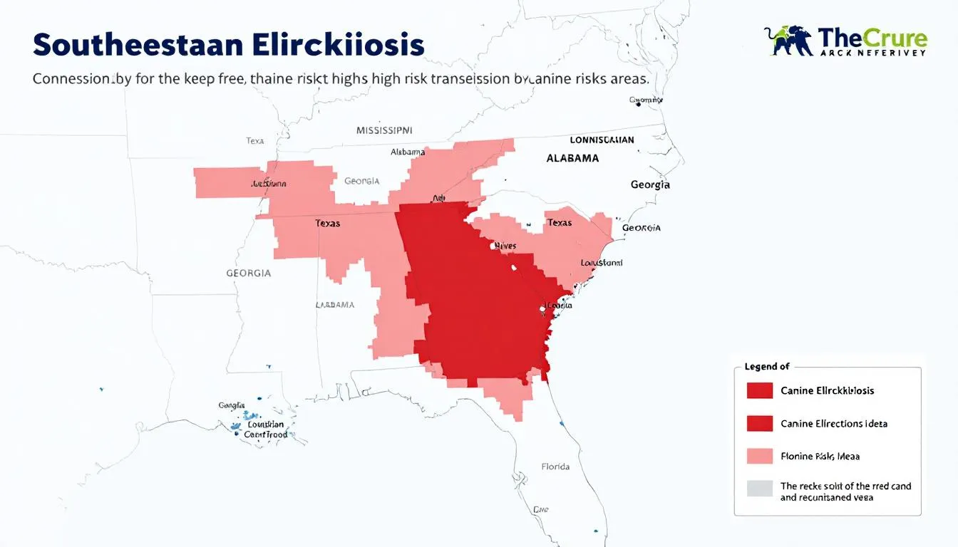 A map of the southeastern United States is highlighted in red, indicating high-risk areas for canine ehrlichiosis transmission, particularly related to the brown dog tick and its role as a tick vector for the bacterial infection ehrlichia canis. This visual representation emphasizes the importance of disease control and awareness of tick exposure in domestic animals, especially dogs infected with this condition.