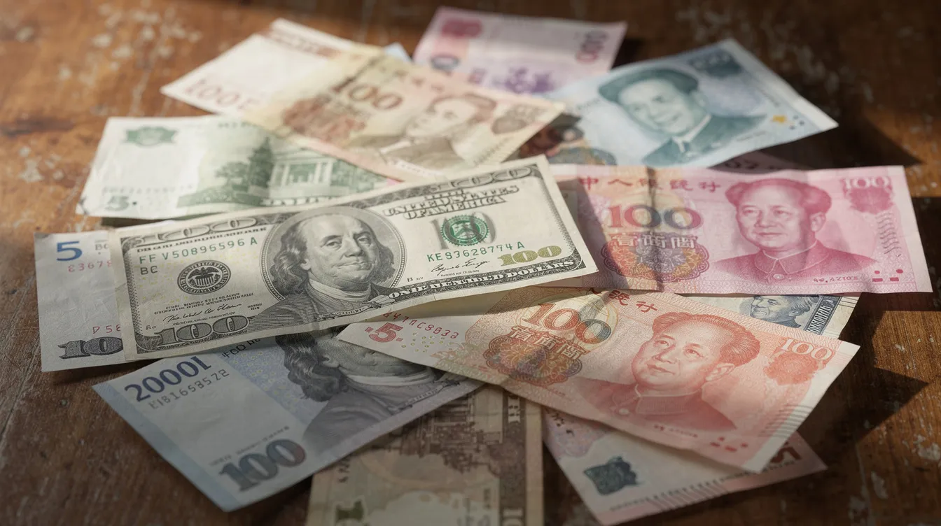The image features a variety of international banknotes from different countries arranged on a wooden surface, showcasing the diversity of currency used in global money transfer services and foreign exchange. Each note displays unique designs and denominations, reflecting the cultures they represent.