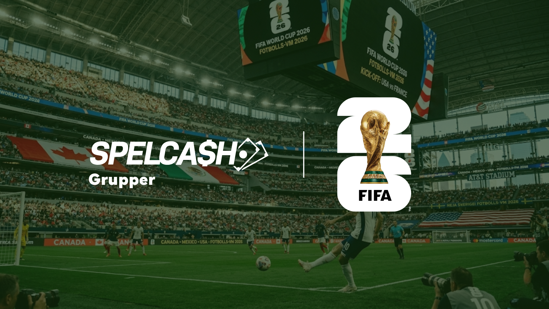 Grupper i Fotbolls-VM 2026 – spelare skjuter mot mål på en arena i USA under världsmästerskapet i fotboll. Turneringen spelas i USA, Kanada och Mexiko med 48 lag i tolv grupper.