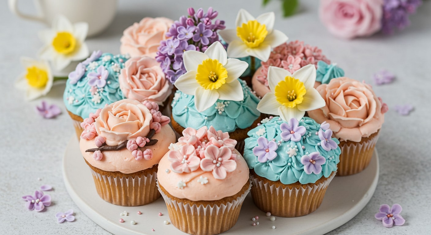 A bouquet of Mother's Day floral cupcakes with vanilla buttercream