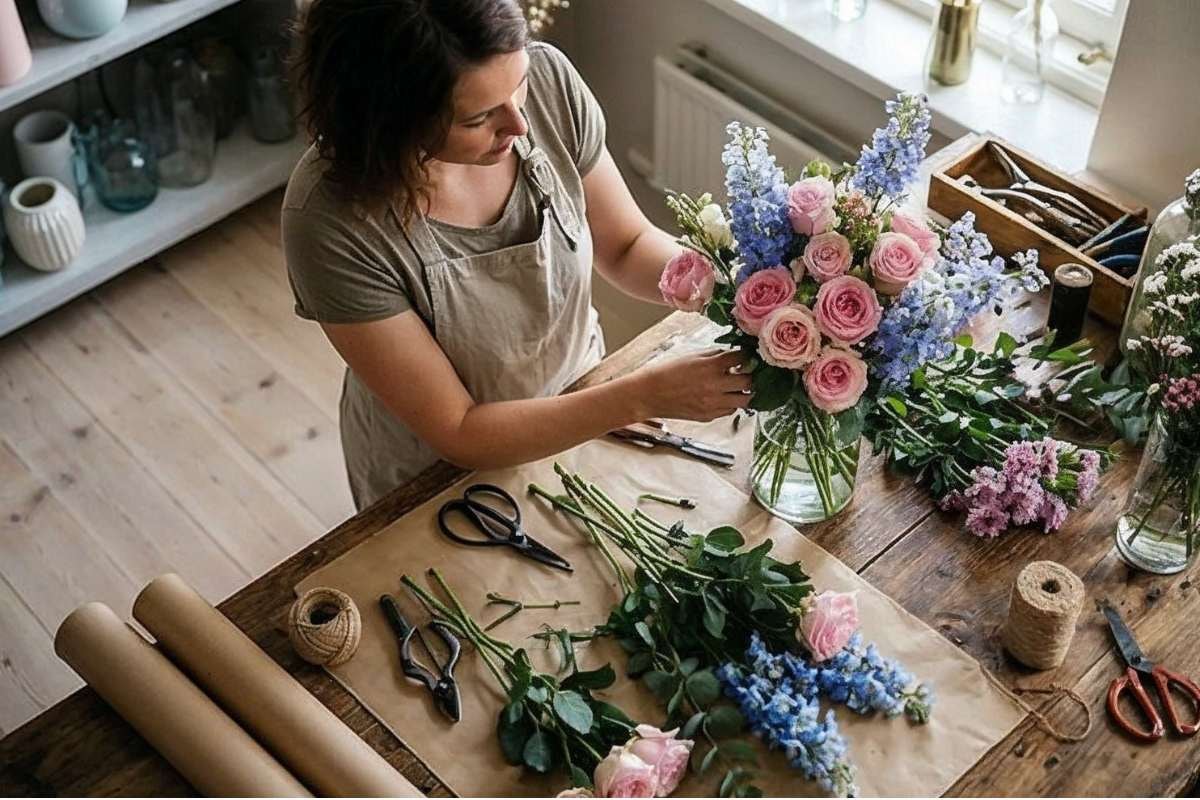Top-down florist workspace with a finished bouquet, loose roses, blue flowers, twine, and scissors—prepping for delivery or styling.