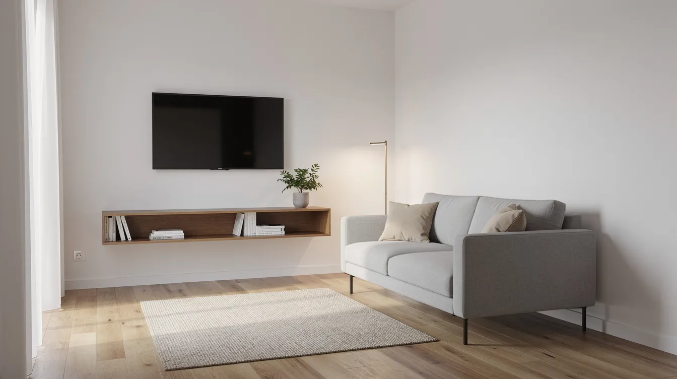 En modern och kompakt vardagsrum med en väggmonterad TV och en grå soffa som skapar en lugn atmosfär. Det finns även en svävande trämediashelf som ger rummet en stilren inredning och inspiration för hemmet.