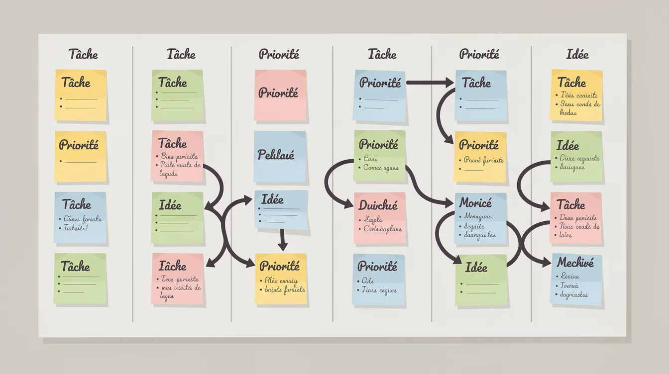 L'illustration montre un tableau de planification rempli de post-it colorés, organisés avec des flèches qui indiquent les étapes séquentielles d'un projet. Cette représentation visuelle met en avant l'importance de l'organisation et de la méthode dans le processus de planification, essentielle pour le succès de votre site web et l'optimisation SEO.