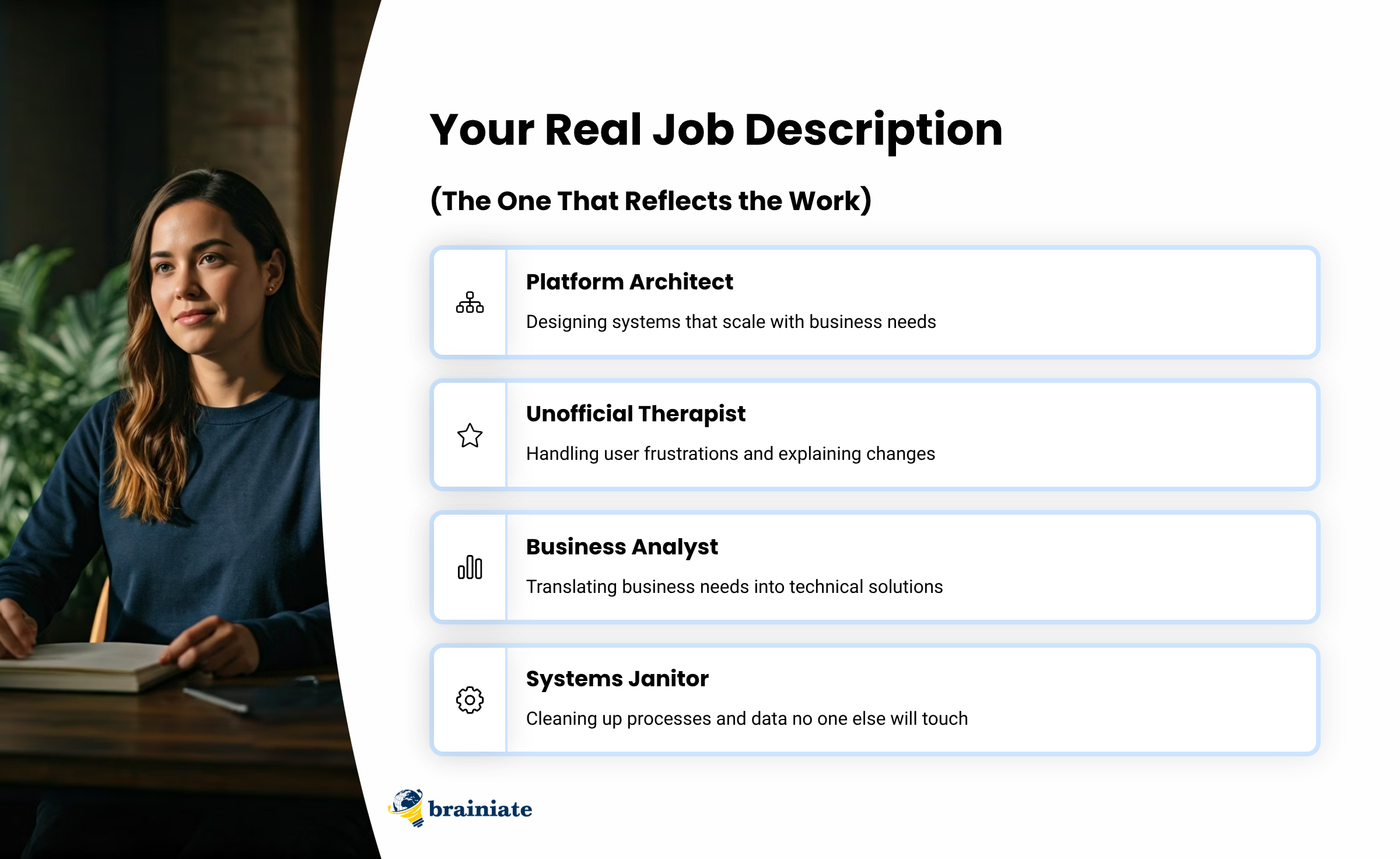 An image of a young woman sitting at a wooden table, taking notes in a notebook. She appears pensive and engaged, with a plant in the background. The text overlay lists her various job responsibilities as a Salesforce Admin.