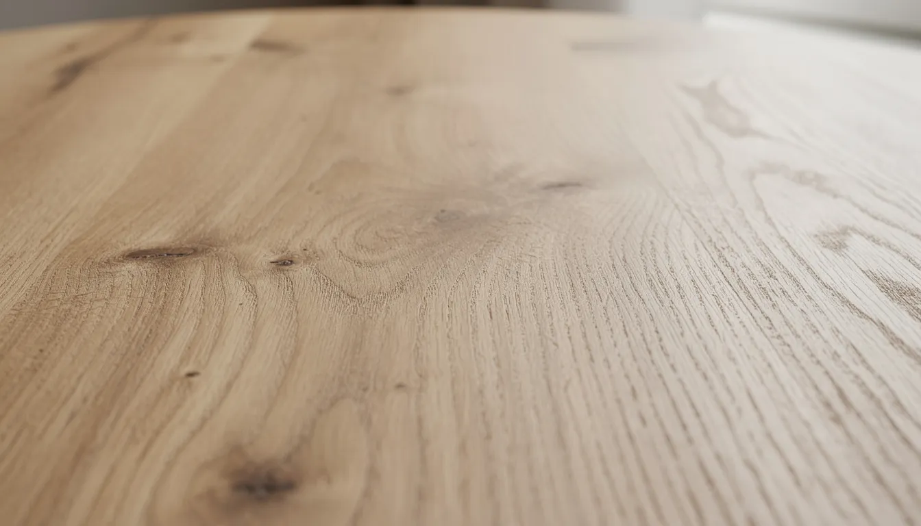 Närbild av en naturlig ekträstruktur på ytan av ett soffbord i trä, belyst av mjukt dagsljus. Ytan visar tydliga ådringar och ger en varm känsla som passar bra i ett vardagsrum.
