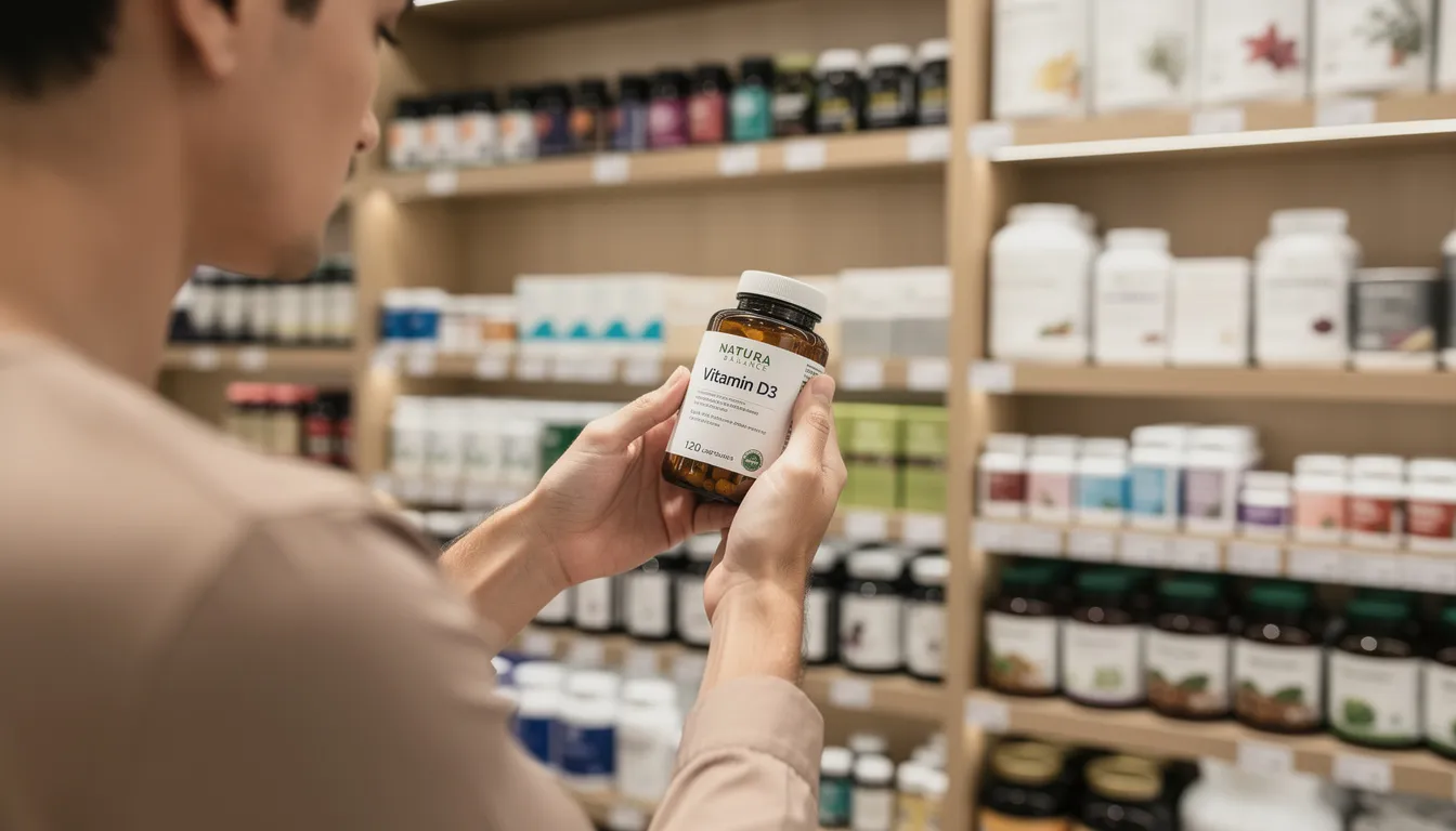 A person is closely examining the label of a dietary supplement bottle in a well-lit health food store, likely assessing its basic nutritional value and potential extra health benefits. The scene highlights the importance of informed consumer choices in the nutraceutical industry.