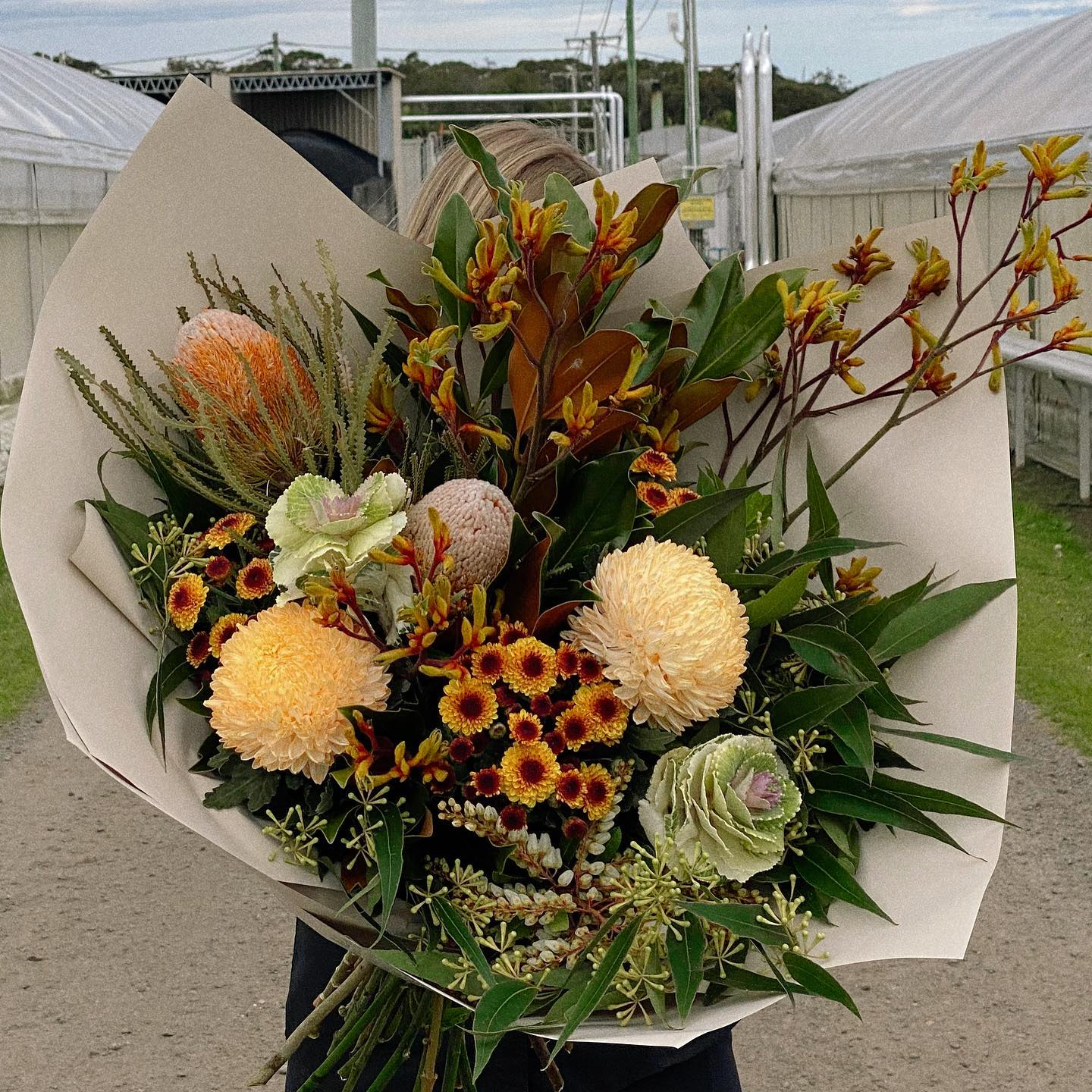 A textured bouquet with a range of different flowers