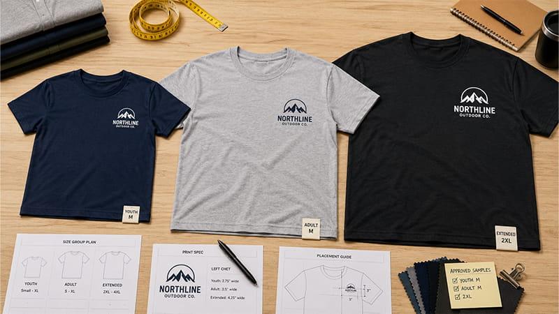 Youth, adult, and extended-size T-shirts with adjusted left-chest logo sizes for mixed-size bulk apparel orders