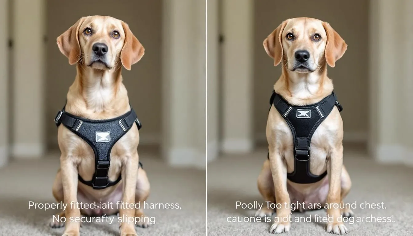 The image compares a properly fitted dog harness with a poorly fitted one, highlighting how an ill-fitting harness can lead to dogs walking sideways or exhibiting abnormal gait changes. This visual can help pet owners understand the importance of a proper fit to prevent potential health issues and ensure their dog
