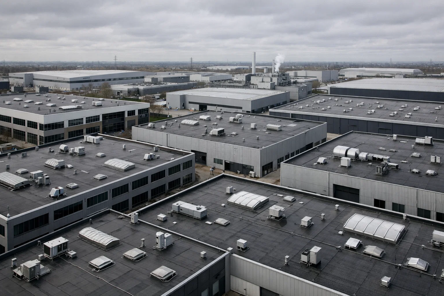 Flat roofing systems on offices, warehouses and factory buildings