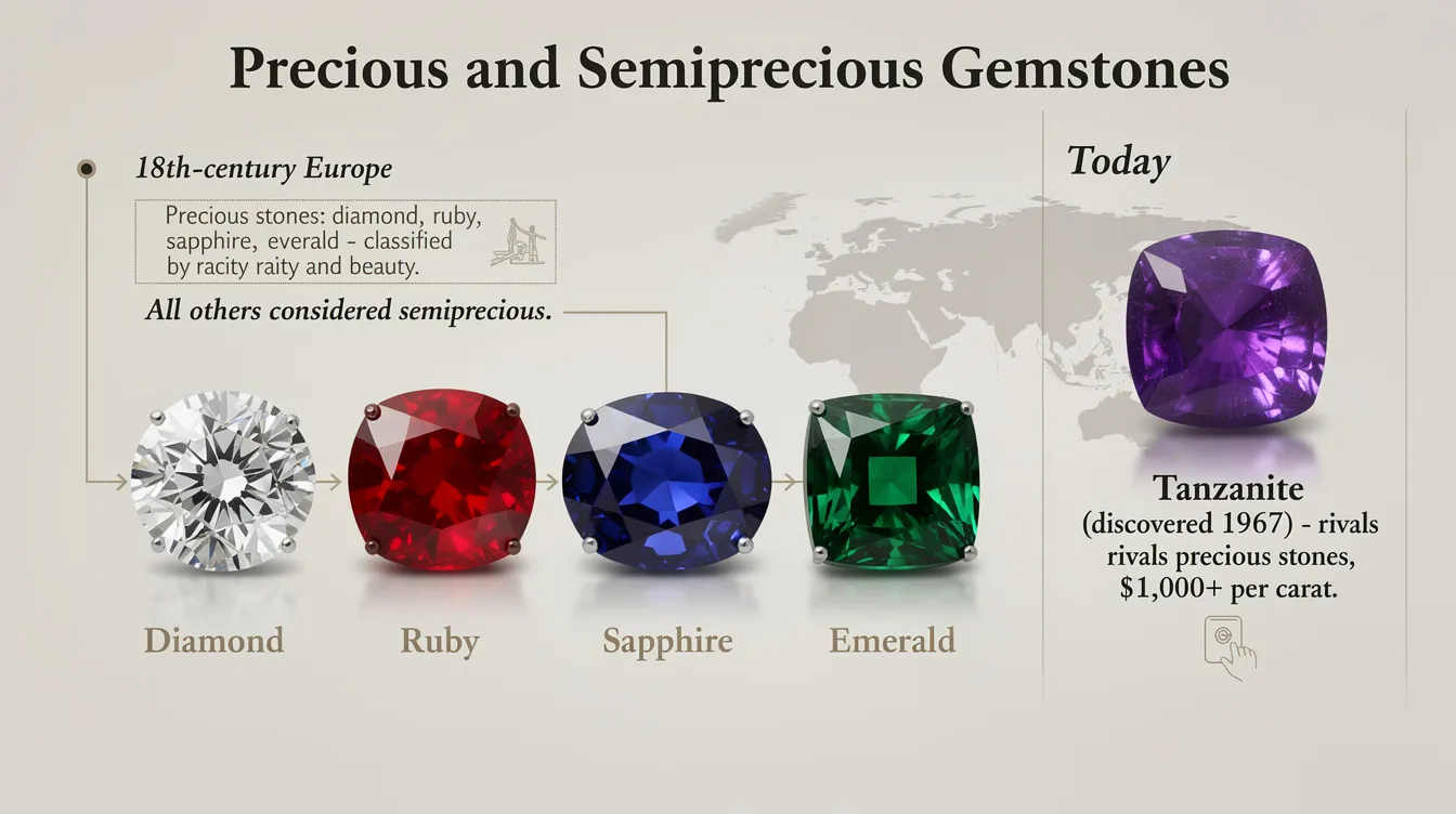 An elegant display of precious and semi precious stones, including diamonds, rubies, sapphires, and emeralds, showcases their vibrant colors and rarity. The image highlights various loose gemstones, such as tanzanite and rose quartz, arranged artistically, making them perfect choices for jewellery making and decorative objects.