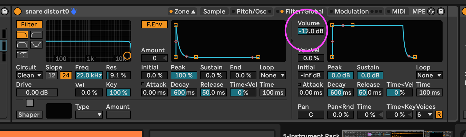 Ableton Sampler Filter/Global menu