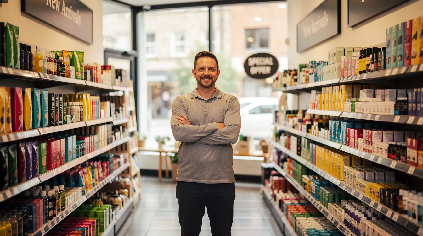 ae9c44d5 ec4d 4bea b860 a0b2c47f3aea The image shows a confident small business owner standing inside a well-organized retail shop, surrounded by neatly arranged products. This scene reflects the entrepreneur's successful business model and the importance of detailed project reports for obtaining business loans.