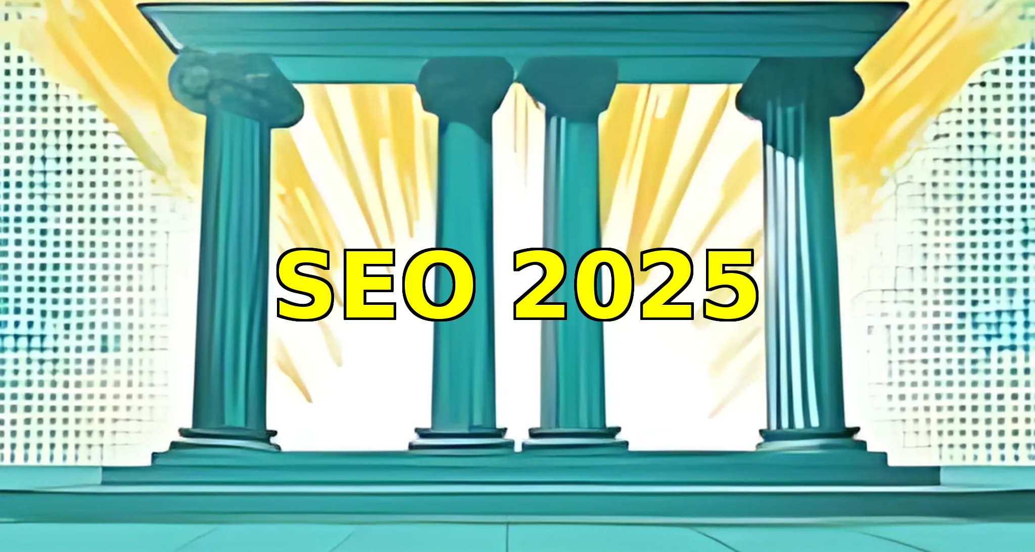 A bold graphic with "SEO 2025" in yellow text, centered between teal pillars, with radiant yellow beams emanating in the background.