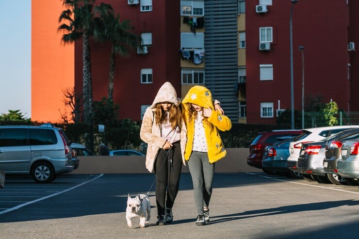 2 girls walking a dog