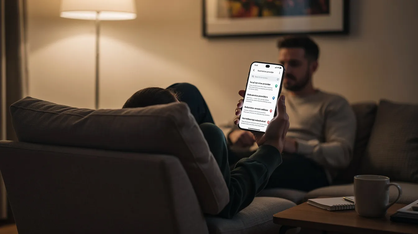 A person is sitting comfortably on a couch, intently using a smartphone to search for local service providers. This scene highlights the importance of local SEO and online visibility for businesses aiming to attract potential customers in competitive markets.