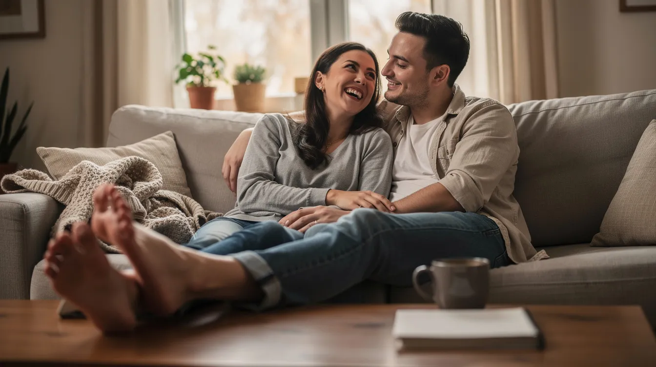 A couple sits comfortably together, holding hands and smiling, showcasing the joy and ease of being themselves in a healthy relationship. Their body language reflects a strong connection, emphasizing the importance of feeling heard and supported in a romantic partnership.