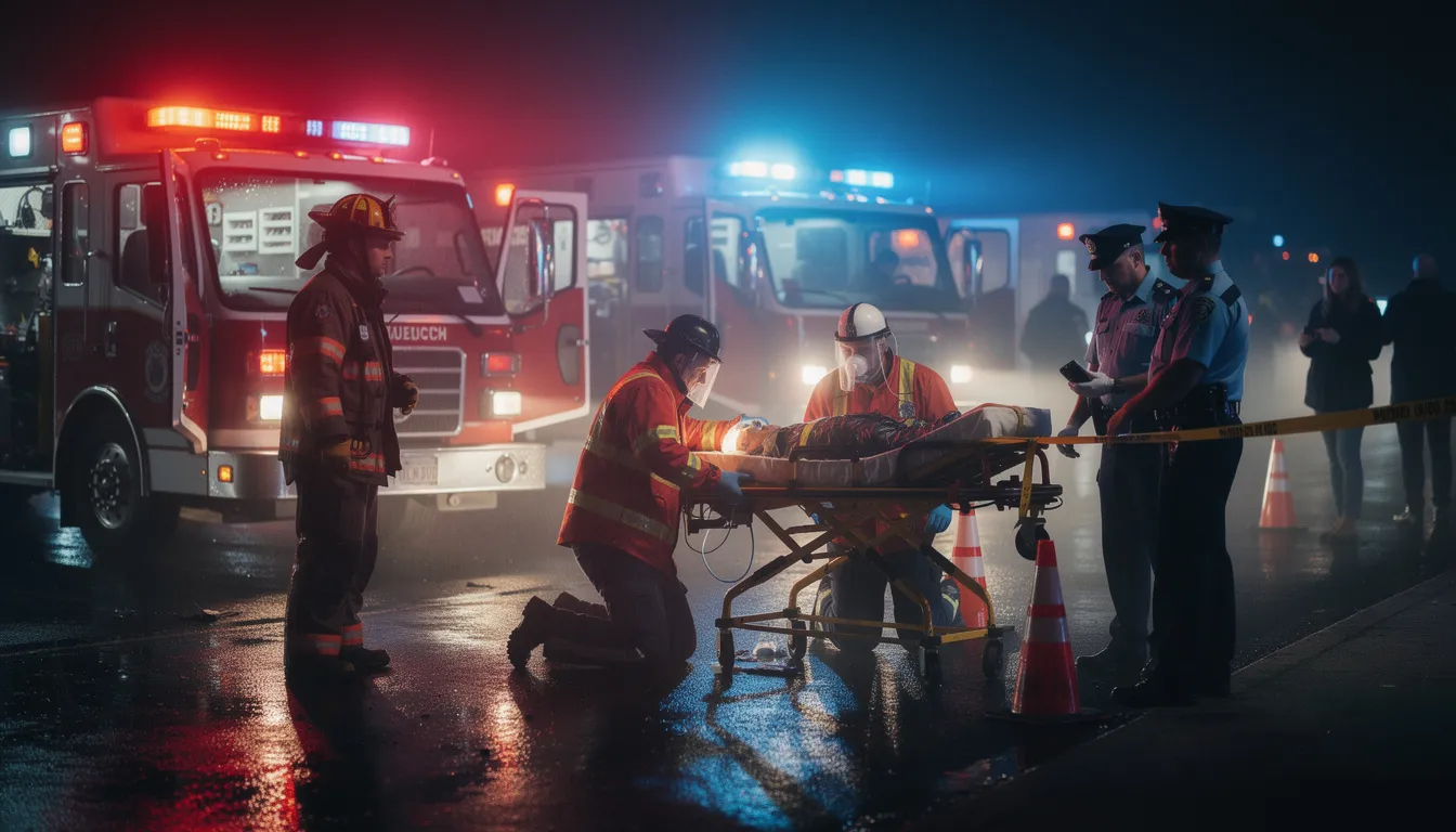 The image captures emergency responders at a nighttime truck accident scene, illuminated by flashing lights from their vehicles. The presence of commercial trucks and the urgency of the situation highlight the serious nature of truck accidents and the importance of experienced truck accident attorneys in navigating the aftermath.