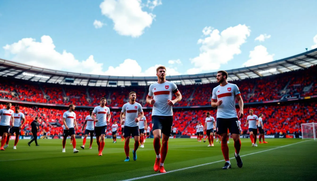 Na zdjęciu polscy piłkarze w akcji podczas meczu w ramach Ligi Narodów UEFA na stadionie, z widocznymi emocjami na twarzach, walczący o punkty w rozgrywkach. W tle widać kibiców, którzy wspierają swoją drużynę w tym ważnym spotkaniu.