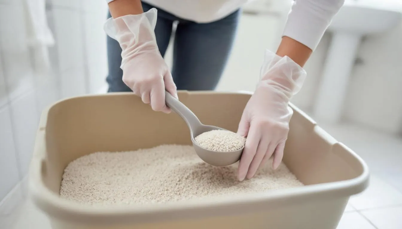 Een persoon is bezig met het schoonmaken van de kattenbak door klontvormende kattenbakvulling te scheppen met handschoenen en de juiste tools, waardoor de kattenbak schoon en fris blijft voor hun katten. Het regelmatig verschonen van de kattenbak helpt vieze geurtjes te voorkomen en draagt bij aan de algehele gezondheid van de kat.
