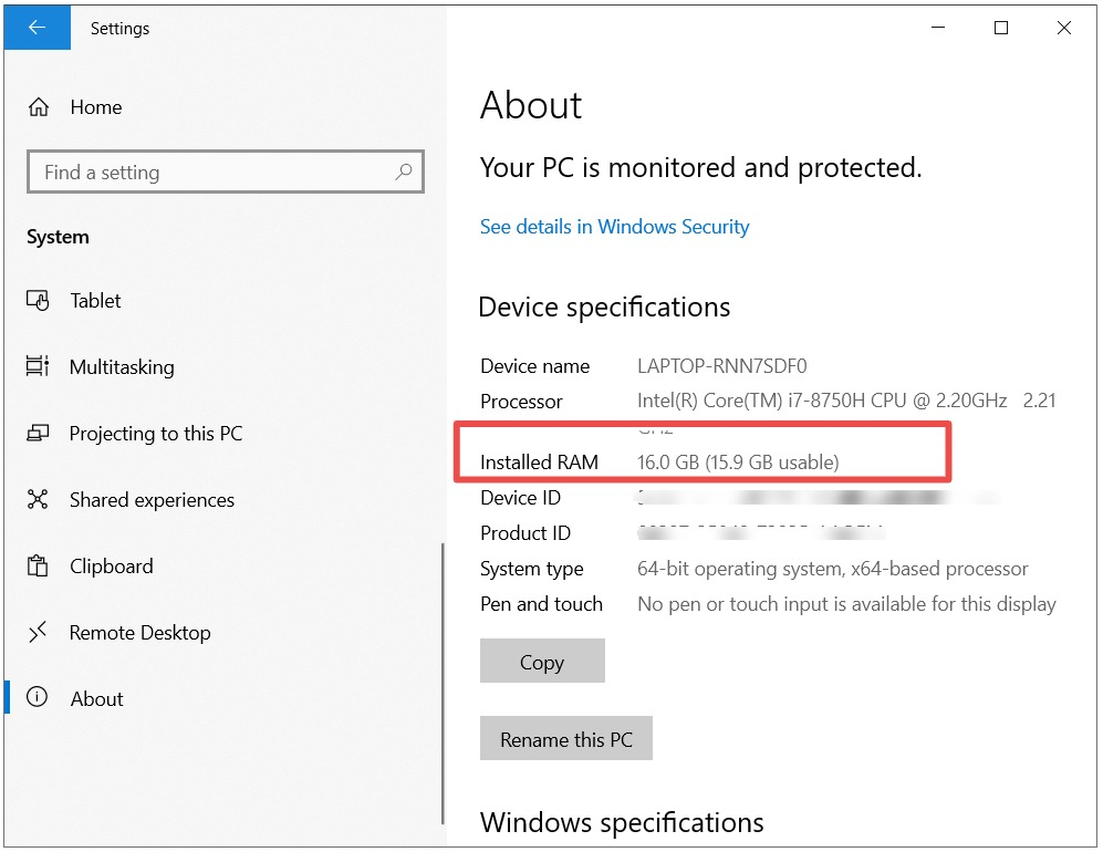 how to check ram in windows 10 settings app