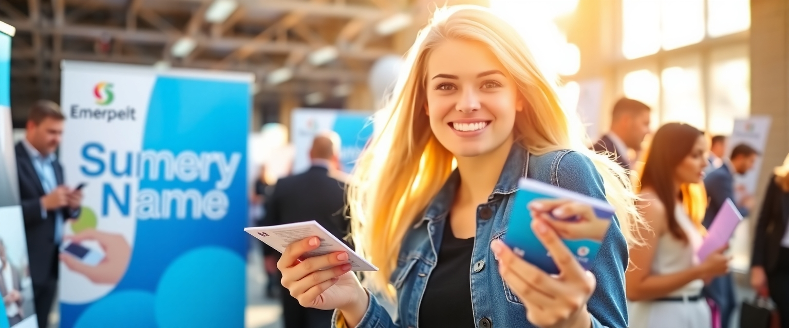 A person distributing A6 flyers at a trade show.